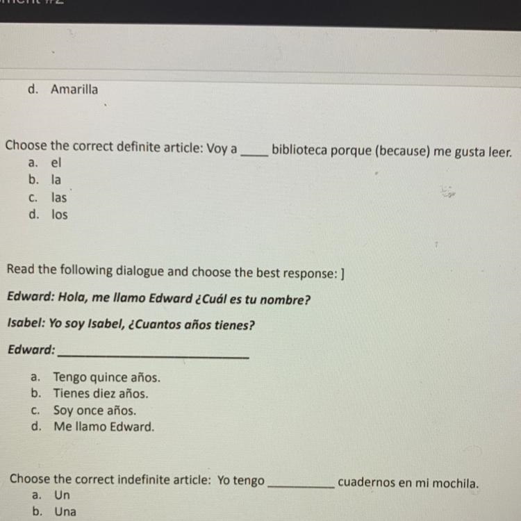 Biblioteca porque (because) me gusta leer. 2. Choose the correct definite article-example-1