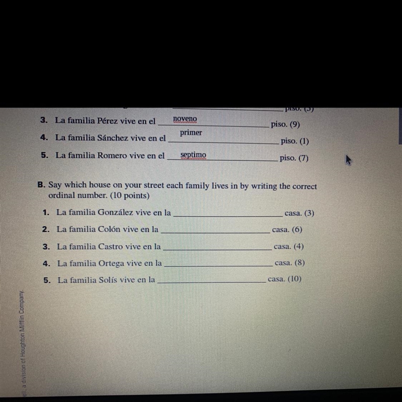 B. Say which house on your street each family lives in by writing the correct ordinal-example-1