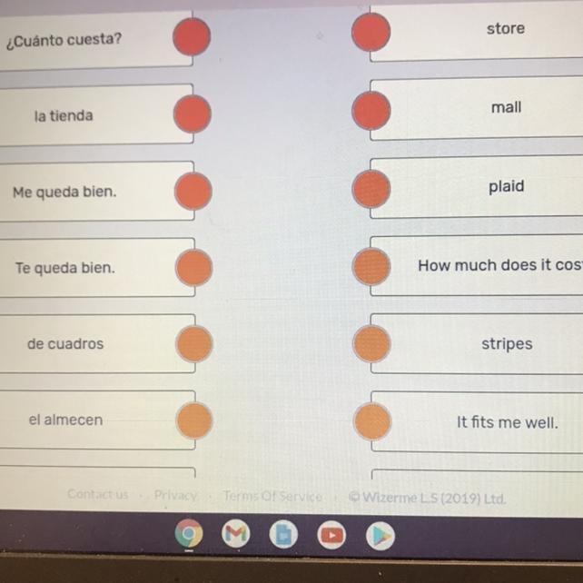 Match the vocabulary words Spanish to English-example-1