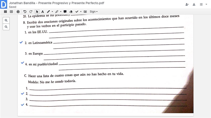 Spanish hw JUST DO THE ONES WITH BLUE CHECK MARKS 9 ONLY ANSWER IF YOUR GONNA HELP-example-1