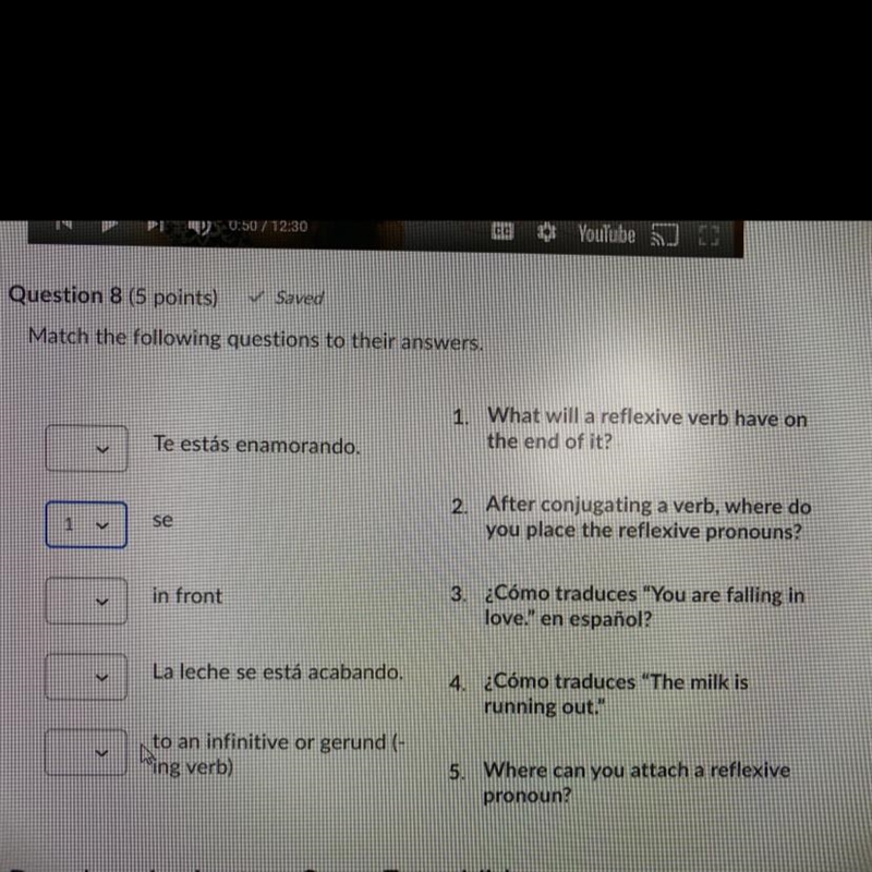 Match the following questions to their answers. 1. What will a reflexive verb have-example-1