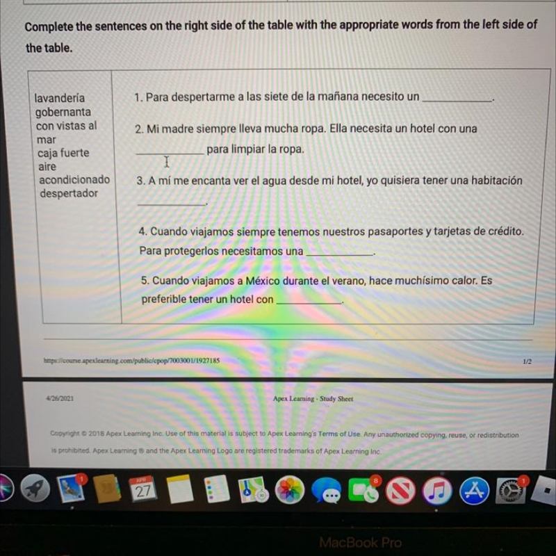 Complete the sentences on the right side of the table with the appropriate words from-example-1