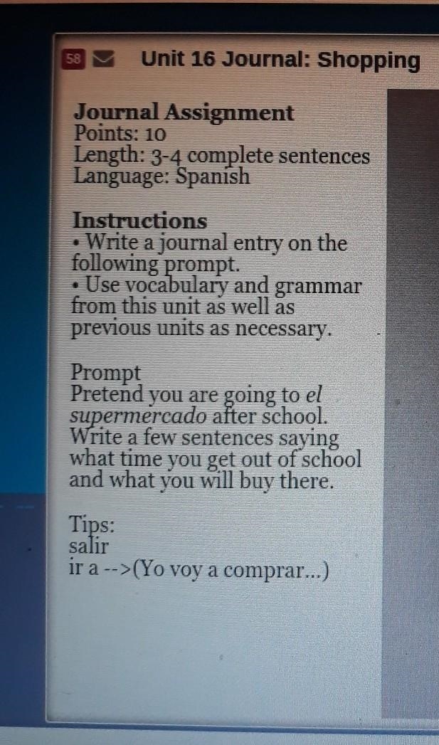 3-4 complete spanish sentences. Prompt Pretend you are going to el supermercado after-example-1