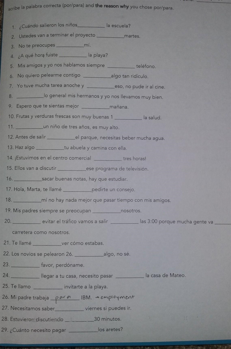 Write in por or para and the reason why sp (por: around, transportation, through, reason-example-1