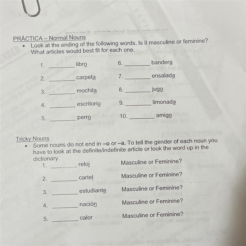 PRACTICA - Normal Nouns Look at the ending of the following words. Is it masculine-example-1