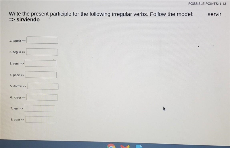 Write the present participle for the following irregular verbs. Follows the model-example-1