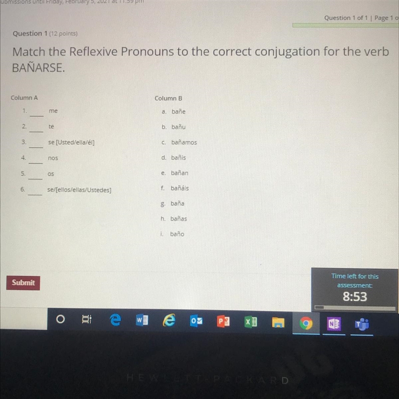 Spanish it has a timer!!!! Match the Reflexive Pronouns to the correct conjugation-example-1