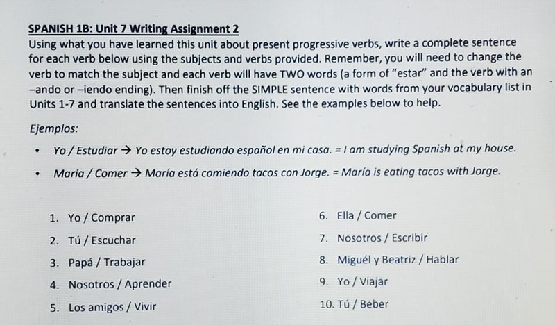 100!!!!!!POINTS SPANISH 1B: Unit 7 Writing Assignment 2 Using what you have learned-example-1