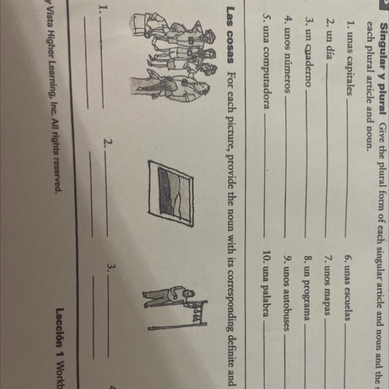 Give the plural form for each singular article and noun and the singular form of each-example-1