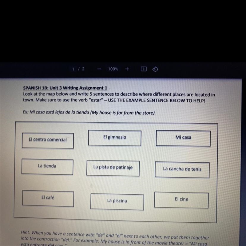 Look at the map below and write 5 sentences to describe where different places are-example-1