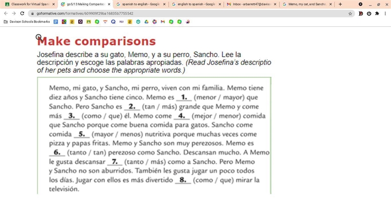 Read Josefina's description of her pets and choose the appropriate words.-example-1