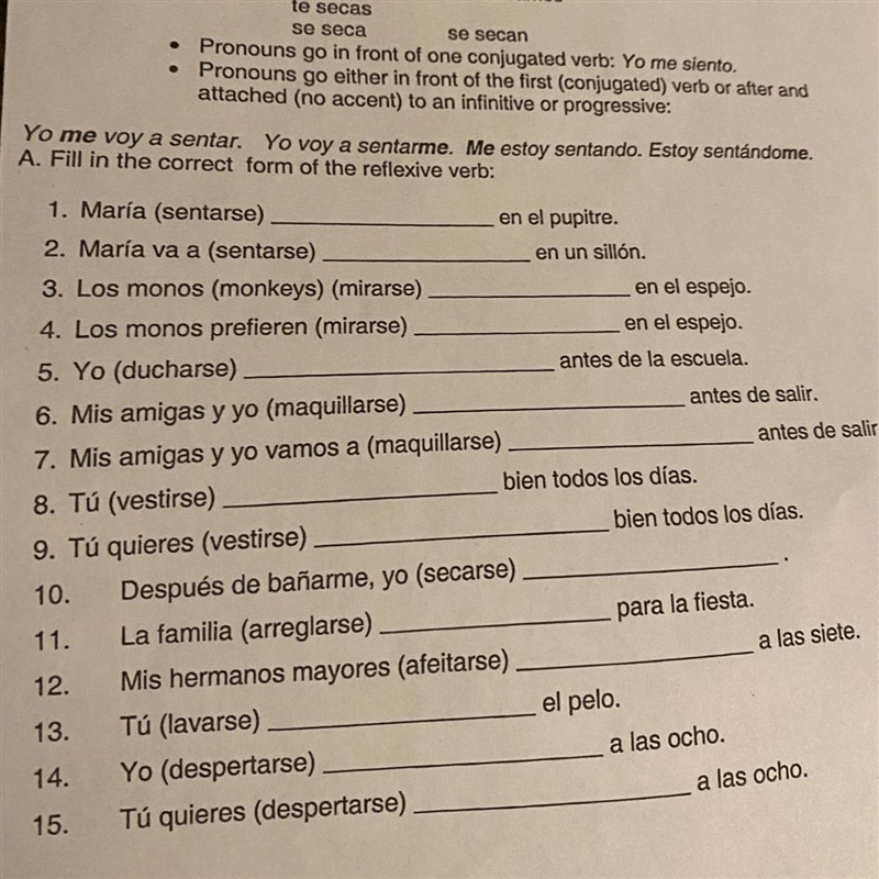 FILL IN WITH THE CORRECT FORM OF THE REFLEXIVE VERB IN SPANISH-example-1