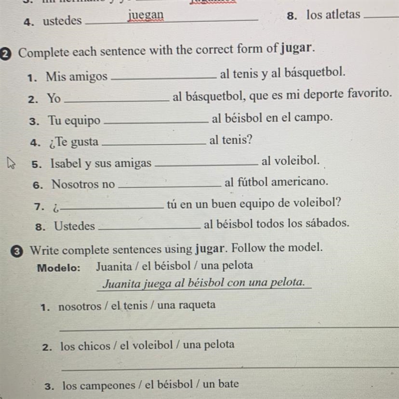 2. Yo 2 Complete each sentence with the correct form of jugar. 1. Mis amigos al tenis-example-1