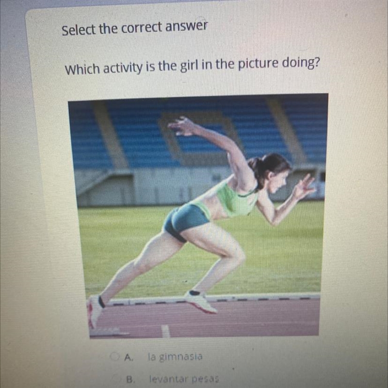 Select the correct answer Which activity is the girl in the picture doing? А. la gimnasia-example-1