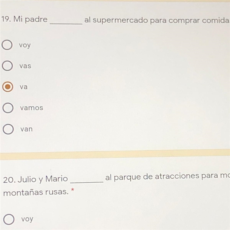 19. Mi padre al supermercado para comprar comida. voy vas va vamos van-example-1