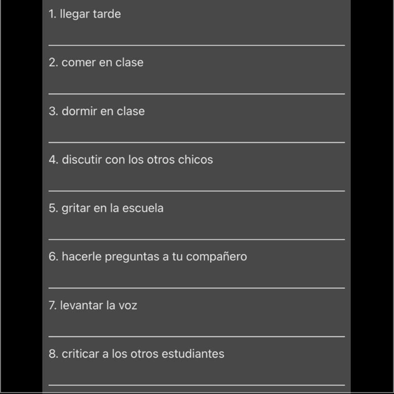 Es el primer día de la clase de su hermano menor. Dígale lo que no debe hacer en clase-example-1