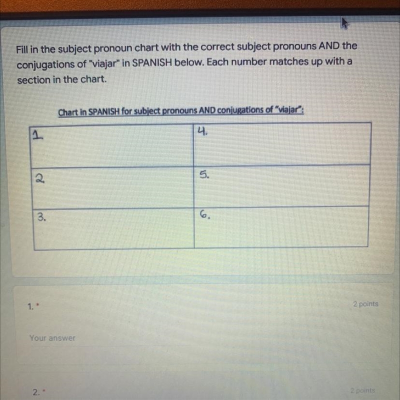 fill in the subject pronoun chart with the correct subject pronouns and the conjugation-example-1