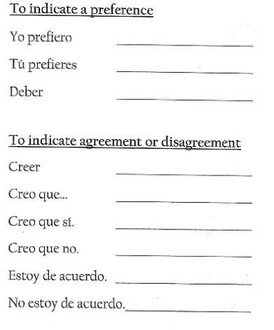 Fill this out: To indicate a preference: Yo prefiero Tú prefieres Deber To indicate-example-1