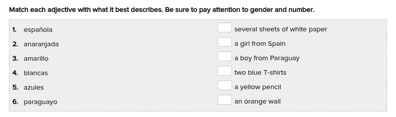 Match each adjective with what it best describes. Be sure to pay attention to gender-example-1