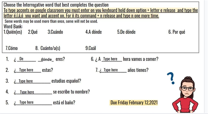 Please help with this spanish assignment ASAP. Thank you extra points.-example-1