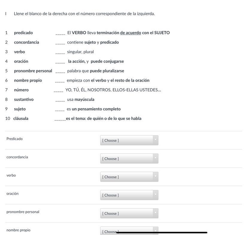 Match words with definitions. 1) predicado 2) concordancia 3) verbo 4) oración 5) pronombre-example-1