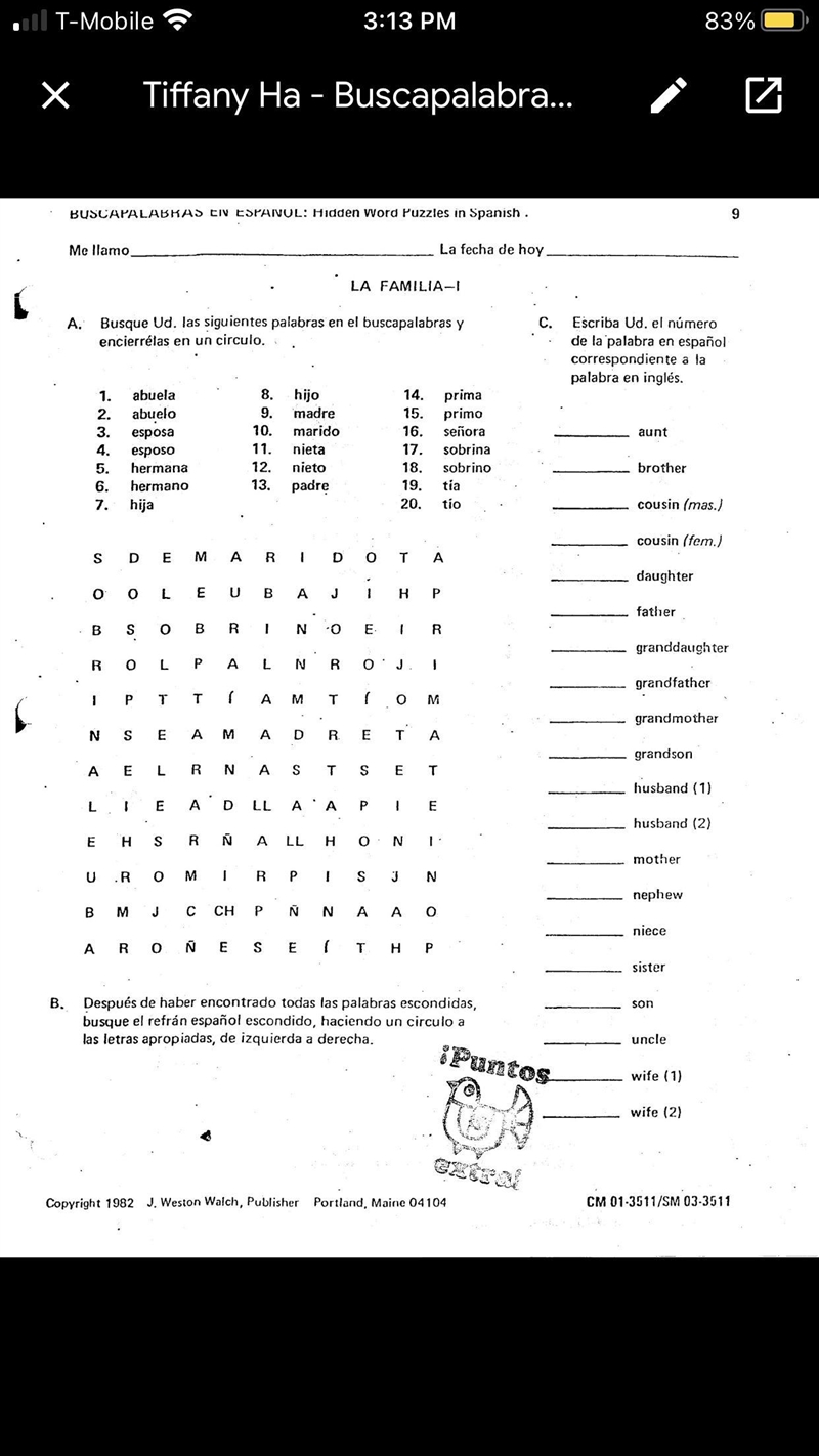 I need help for this assignment it’s la familia hidden word puzzle in Spanish-example-1