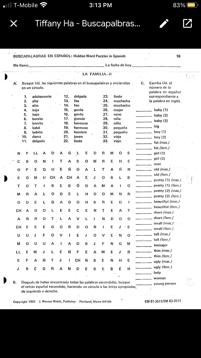 I need help for this assignment it’s la familia hidden word puzzle in Spanish-example-2