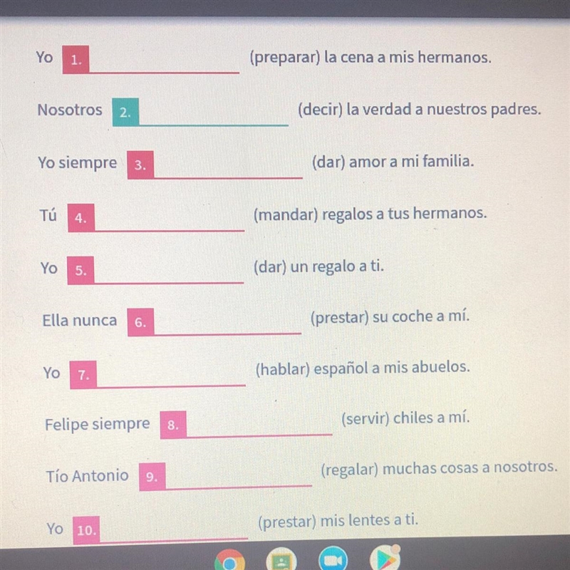 Yo 1. (preparar) la cena a mis hermanos Nosotros 2. (decir) la verdad a nuestros padres-example-1