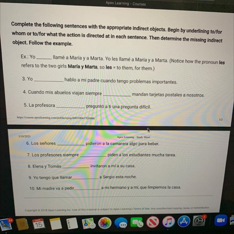 Complete the following sentences with the appropriate indirect objects. Begin by underlining-example-1