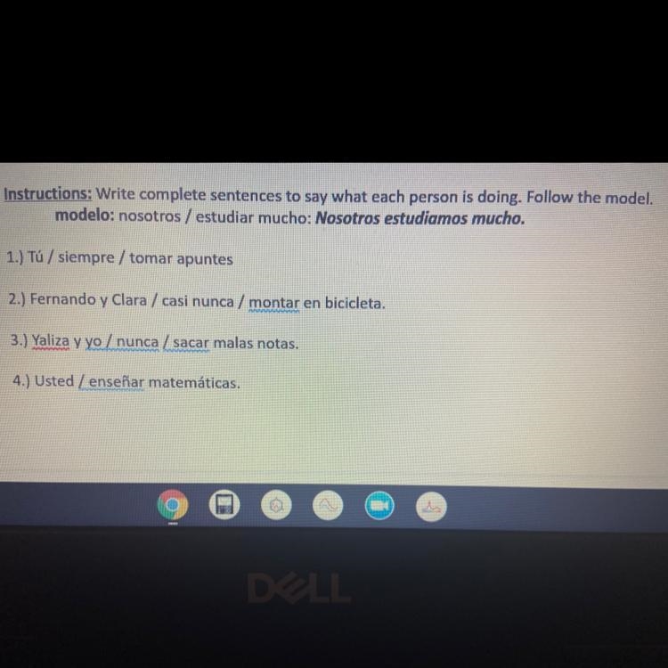 Instructions: Write complete sentences to say what each person is doing. Follow the-example-1