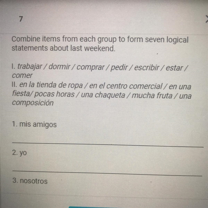 Spanish help! Combine items from each group to form seven logical statements about-example-1