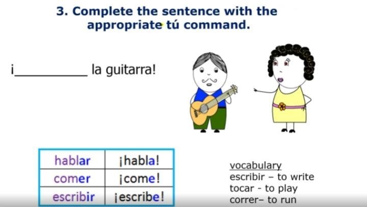 Complete the sentence with the appropriate tu command. I ______ la guitarra. Hablar-example-1