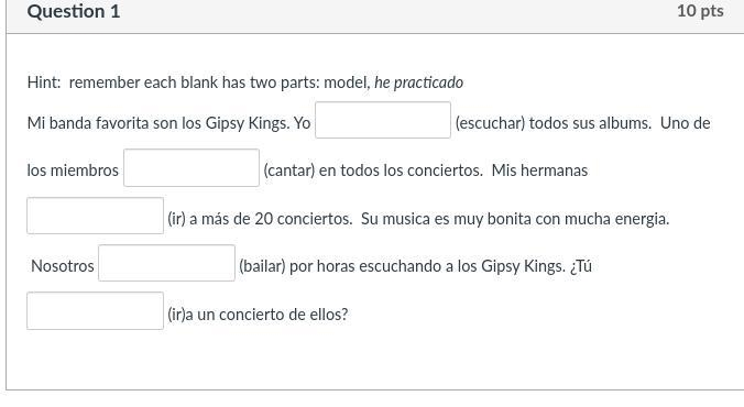 Instructions: fill in the blank with the correct present perfect form of the verb-example-1