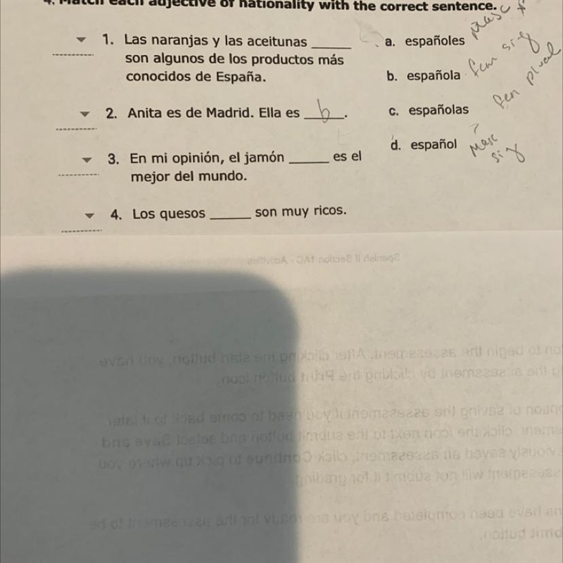 4. Match each adjective of nationality with the correct sentence. a. españoles 1. Las-example-1
