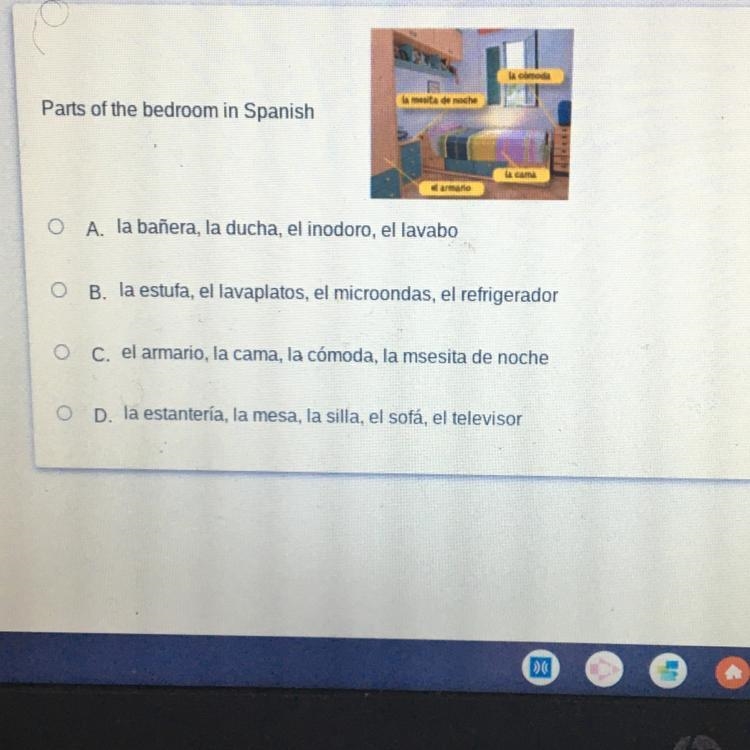 La comoda la mesita de noche Parts of the bedroom in Spanish La cama larma O A. la-example-1