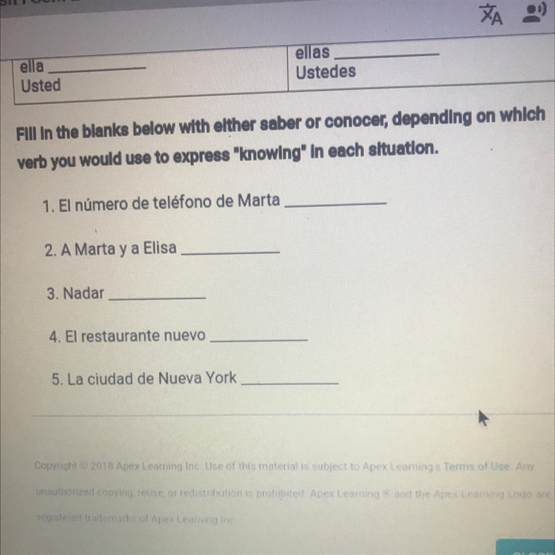 Fill in the blanks below with either saber or conocer, depending on which verb you-example-1