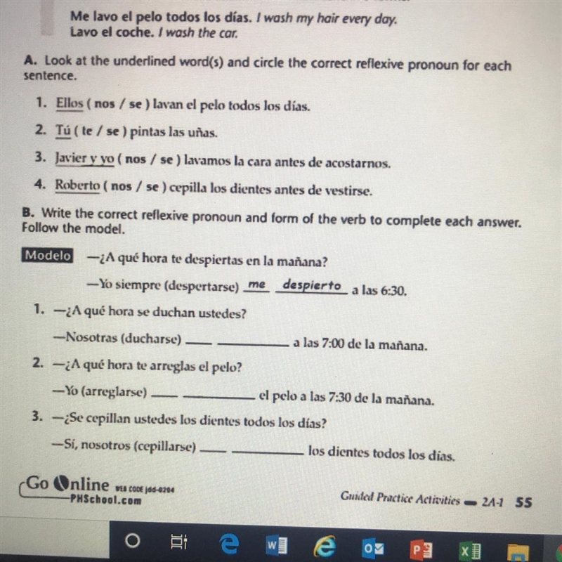 Spanish two parts ! A. Look at the underlined words and circle the correct reflexive-example-1