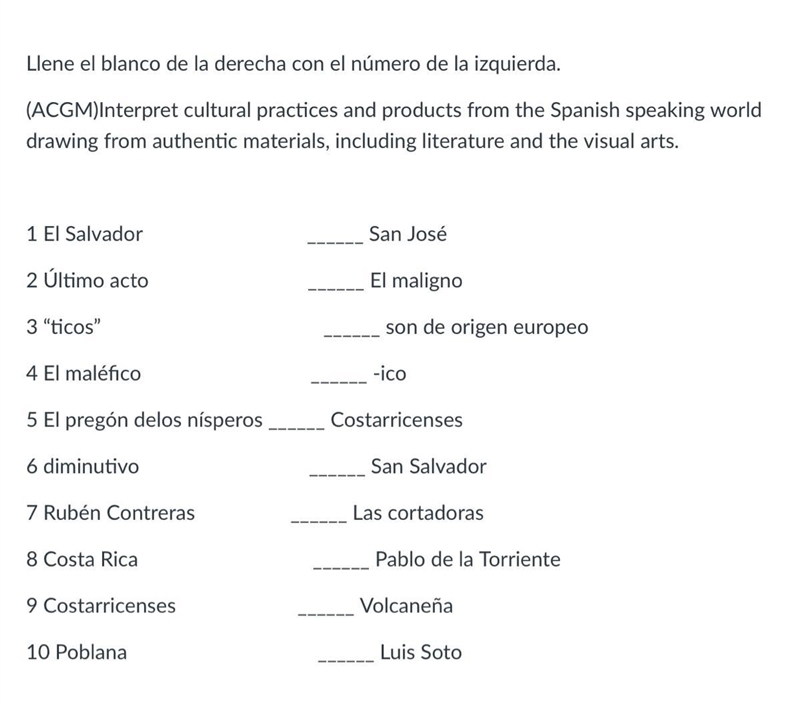 Llene el blanco de la derecha con el número de la izquierda. (ACGM)Interpret cultural-example-1