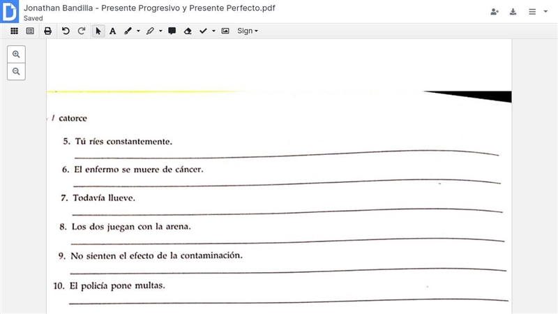 Spanish hw CAMBIAR VERBO AL TIEMPO PROGRESIVO DO 6, 8 , 10 ONLY-example-1