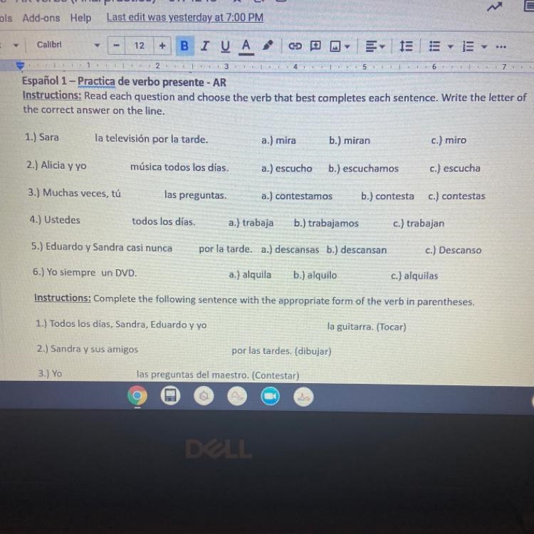 Español 1 - Practica de verbo presente - AR Instructions: Read each question and choose-example-1