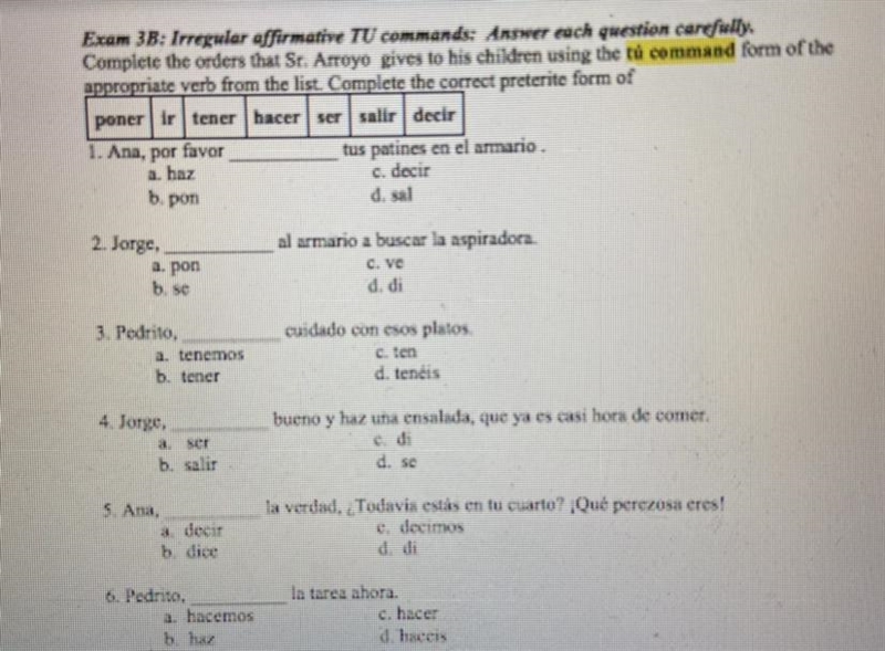 Irregular affirmative TU commands.-example-1