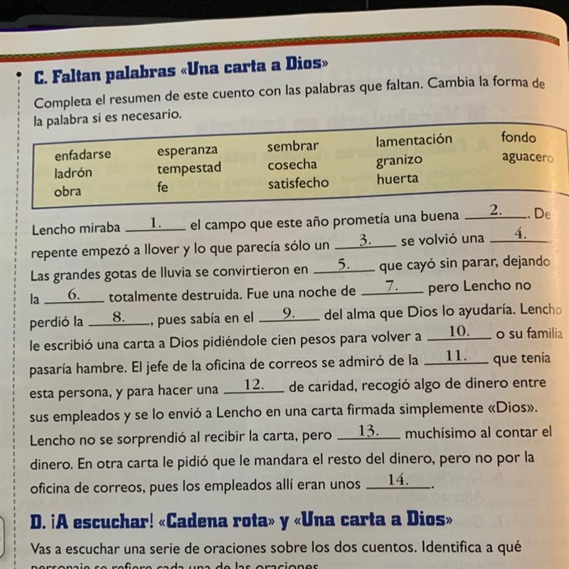 C. Faltan palabras «Una carta a Dios Completa el resumen de este cuento con las palabras-example-1