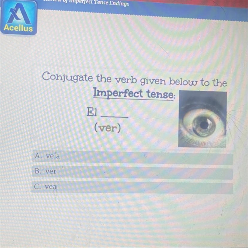 Conjugate the verb given below to the Imperfect tense: El (ver) A. veía B. Ver C. vea-example-1