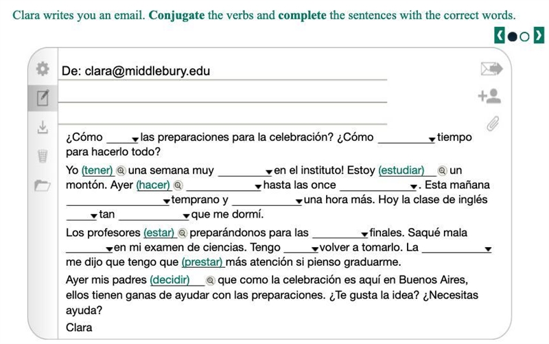 Plz help me to conjugate and complete the sentences with the correct word. 1. voy-example-1