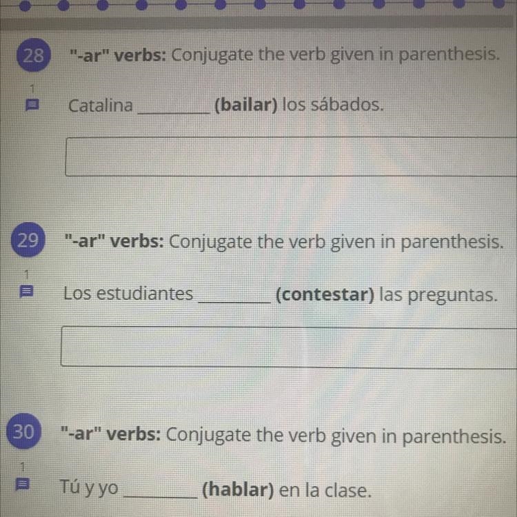 “-ar” verbs: conjugate the verb given in parentheses. 1. Catalina [blank] (bailar-example-1