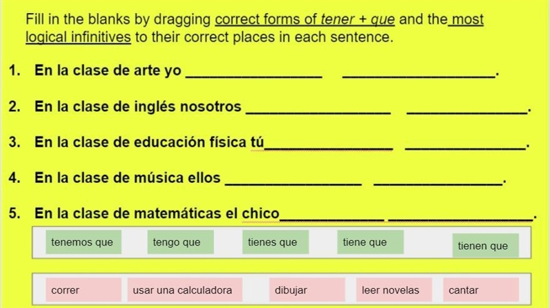 Tengo que.... 1. En la clase de arte yo ____ ____ 2. En la clase de ingles nosotros-example-1