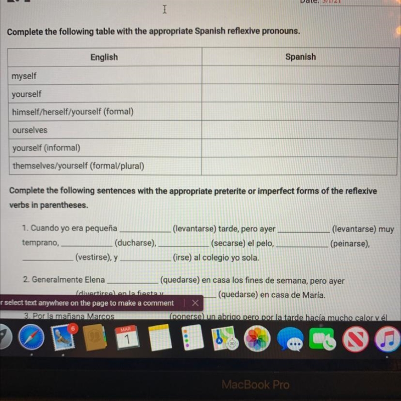 Complete the following table with the appropriate Spanish reflexive pronouns.-example-1