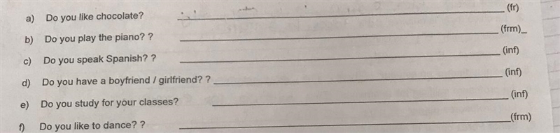 Rewrite in spnaish a, b, f= formal c, d, e= imformal-example-1