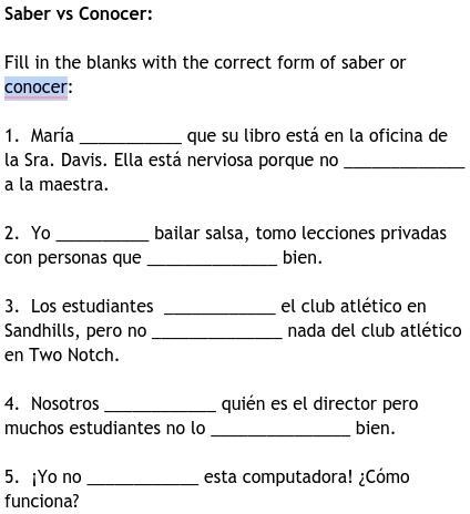 Fill in the blanks with the correct form of saber or conocer!-example-1