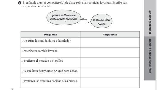 Pregúntale a un(a) compañero(a) de clase sobre sus comidas favoritas. Escribe sus-example-1